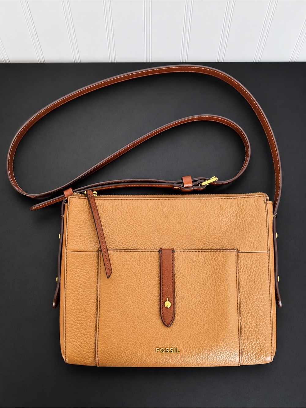 Fossil Tan Brown Pebbled Leather Crossbody Bag Adjustable Strap